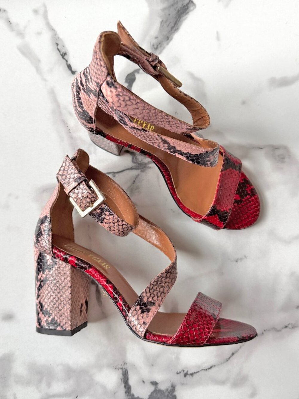 Paris Texas Snake Leather Block Heel Sandals in Pink Red NEW Size 37